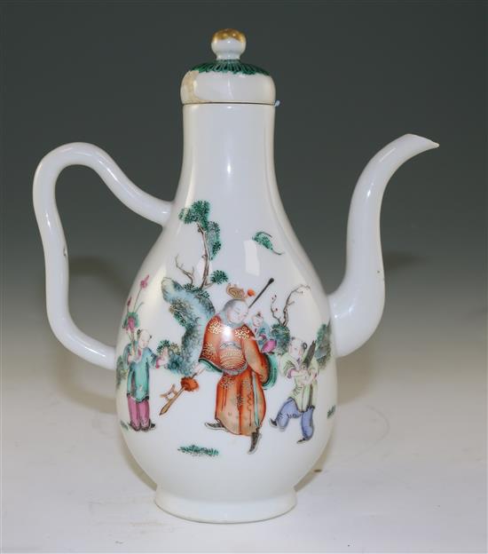 A Chinese famille rose pear-shaped wine ewer and cover, late 19th century, 21.5cm, cover repaired